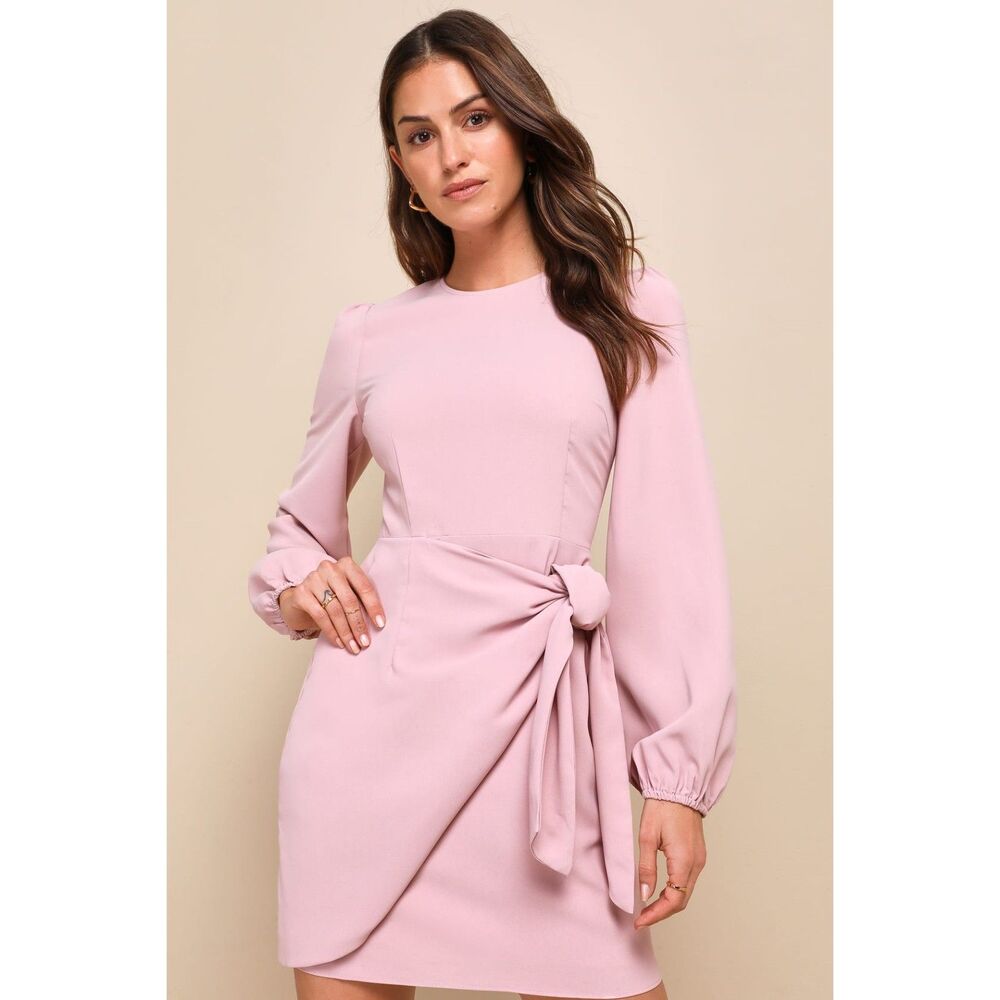 Lulu's | NWT Believe It or Knot Rose Pink Long Sleeve Tie-Front Skater Dress, XL